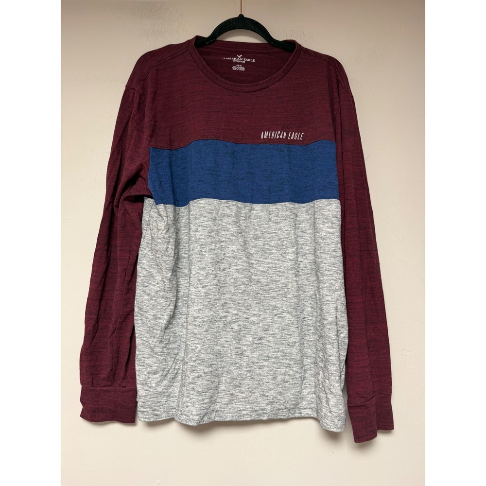 American Eagle Mens Colorblock Long Sleeve T-Shirt Burgundy Blue‎ Grey Large